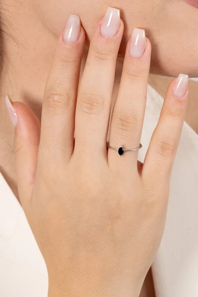 925 ayar gümüş yüzük rodyumlu markiz kesim siyah taşlı ayarlamalı yüzük SGTL13127SIYAH - Resim 2