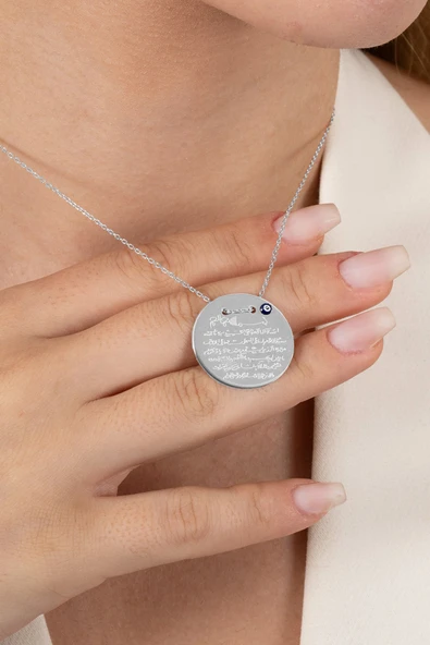 925 ayar gümüş kolye rodyumlu Ayetel Kürsi yazılı nazarlı büyük boy plaka kolye SGTL13138RODAJ - Resim 2