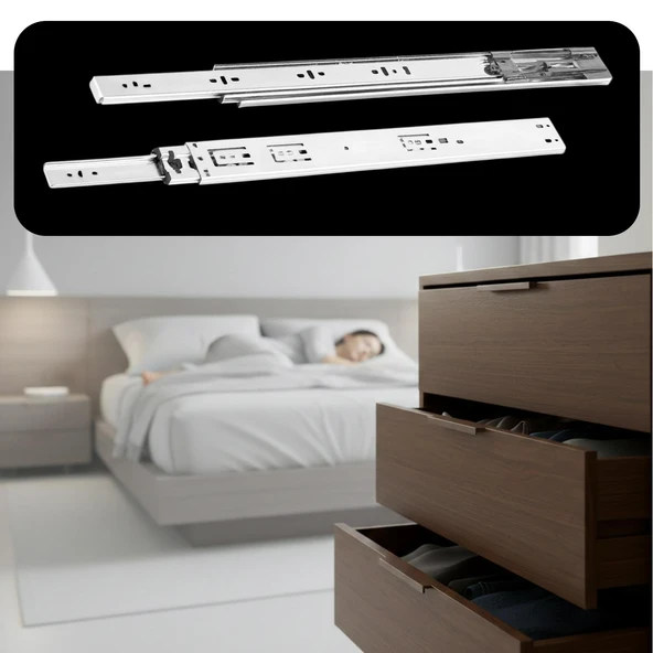 Frenli Teleskopik Çekmece Rayı Bilyalı Dolap Çekmecesi Ray Metal (1 Çift ) En 4.3 cm Uzunluk 45 cm - Resim 7