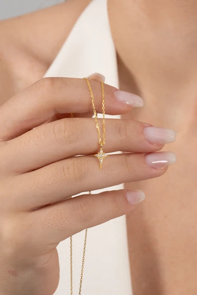 925 ayar gümüş kolye altın yaldızlı zirkon taşlı minimal kutup yıldızı kolye SGTL13149GOLD ürün görseli