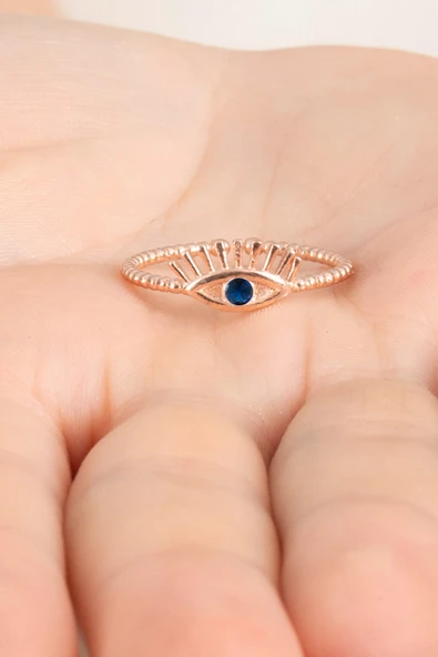 925 ayar gümüş yüzük rose safir taşlı kirpikli göz modeli ayarlamalı yüzük SGTL13129LACIVERT - Resim 2
