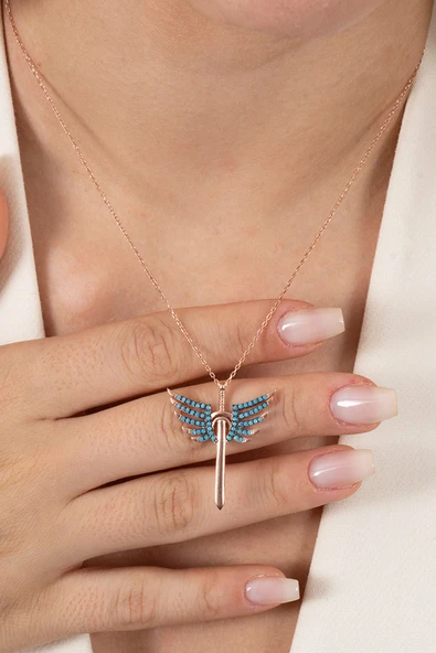 925 ayar gümüş kolye rose turkuaz taşlı kanatlı kılıç modeli kolye SGTL13143MAVI - Resim 3