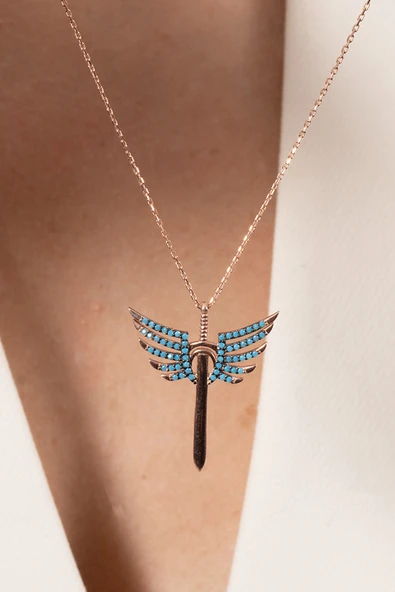 925 ayar gümüş kolye rose turkuaz taşlı kanatlı kılıç modeli kolye SGTL13143MAVI - Resim 4