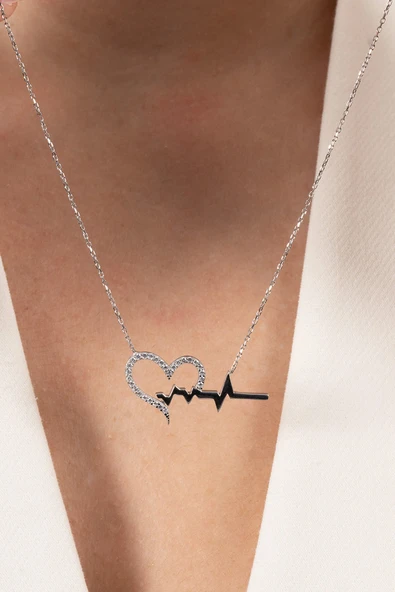 925 Ayar gümüş kolye rodyumlu zirkon taşlı kalbimin ritmi kolye SGTL13142RODAJ - Resim 5