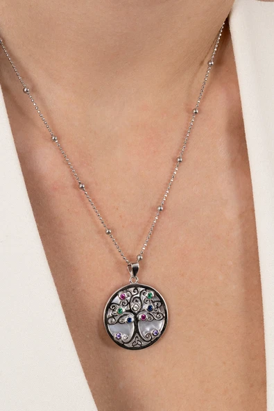 925 Ayar gümüş kolye hepsi top top zincirli rodyumlu sedef taşlı hayat ağacı tasarım kolye SGTL13141RODAJ ürün görseli