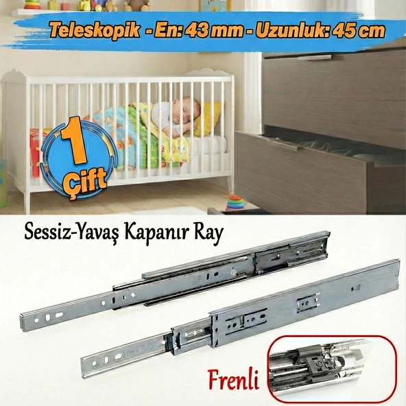 Frenli Teleskopik Çekmece Rayı Bilyalı Dolap Çekmecesi Ray Metal (1 Çift ) En 4.3 cm Uzunluk 45 cm ürün görseli 1