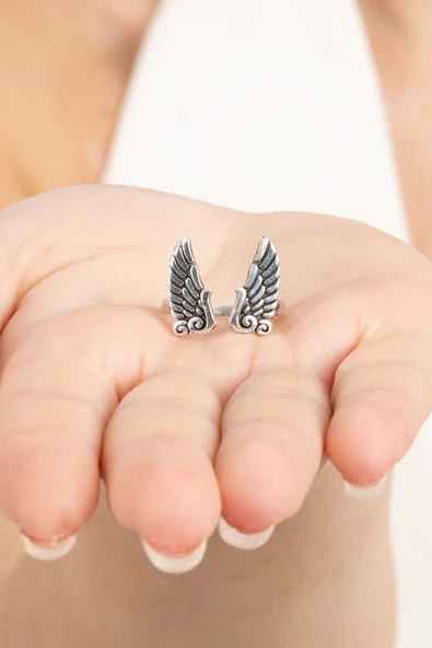 925 ayar gümüş yüzük üstten ayarlamalı melek kanadı oksitli yüzük SGTL13122SIYAH - Resim 4