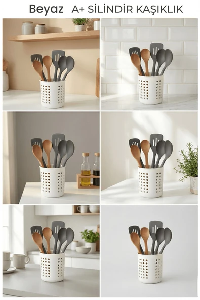 Beyaz - A+ Silindir Kaşıklık – Tezgah Üstü Servis Standı, Su Gider Delikli, Plastik Düzenleyici Organizer - Resim 7