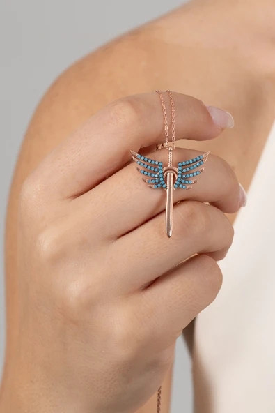 925 ayar gümüş kolye rose turkuaz taşlı kanatlı kılıç modeli kolye SGTL13143MAVI ürün görseli