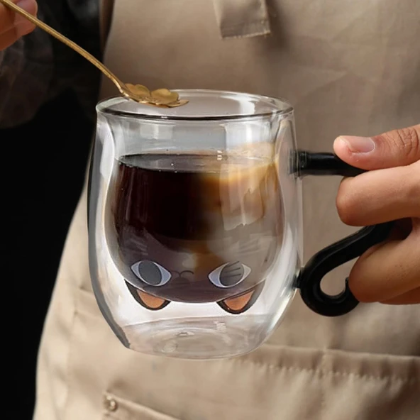 Kedi Figürlü Çift Cidarlı Cam Bardak ürün görseli 1