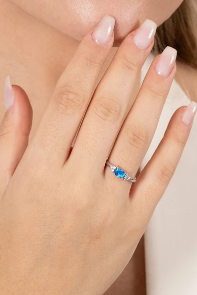 925 ayar gümüş yüzük rodyumlu oval kesim mavi taşlı ayarlanabilir prenses yüzük SGTL13128MAVI ürün görseli