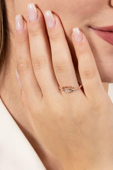 925 ayar gümüş yüzük rose zirkon taşlı kirpikli göz modeli ayarlamalı yüzük SGTL13129ROSE - Resim 3