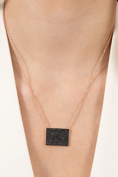 925 ayar gümüş kolye rose siyah taşlı diktörgen gecenin parıltısı kolye SGTL13134SIYAH - Resim 3