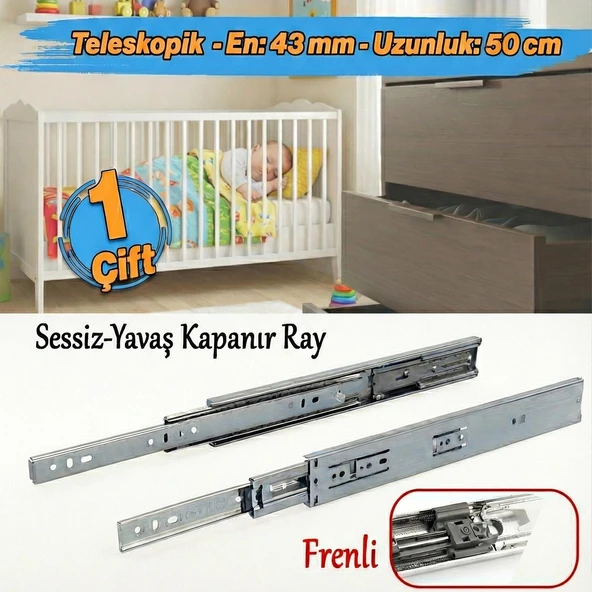 Frenli Teleskopik Çekmece Rayı Bilyalı Dolap Çekmecesi Ray Metal (1 Çift ) En 4.3 cm Uzunluk 50 cm ürün görseli 1