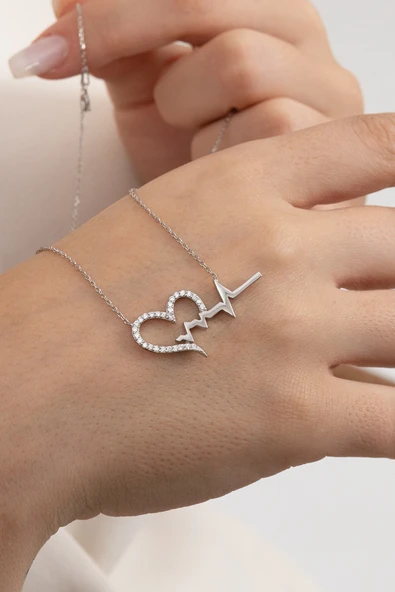 925 Ayar gümüş kolye rodyumlu zirkon taşlı kalbimin ritmi kolye SGTL13142RODAJ ürün görseli