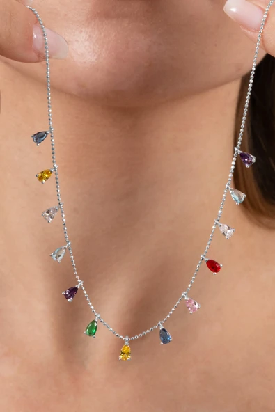 925 ayar gümüş kolye rodyumlu renkli zirkon taşlı top zincirli damlalı kolye  SGTL13146RENKLI - Resim 2