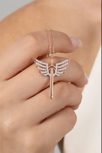 925 ayar gümüş kolye rose zirkon taşlı kanatlı kılıç modeli kolye SGTL13143BEYAZ ürün görseli