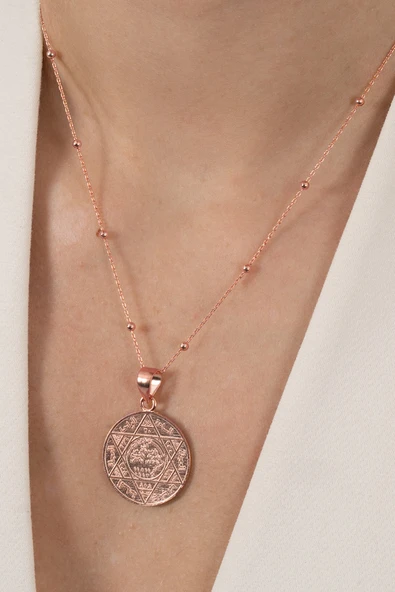 925 ayar gümüş kolye rose top top zincirli Hz. Süleyman mührü kolye SGTL13136ROSE - Resim 2