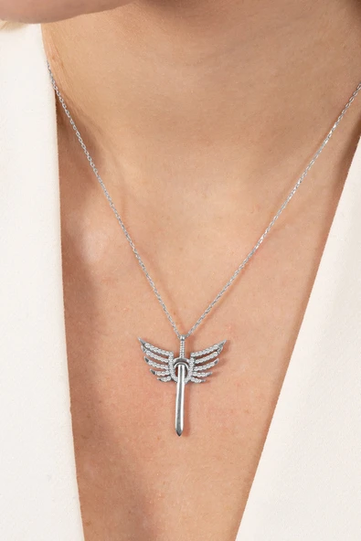 925 ayar gümüş kolye rodyumlu zirkon taşlı kanatlı kılıç modeli kolye SGTL13143RODAJ - Resim 2