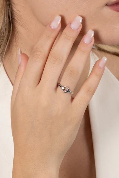 925 ayar gümüş yüzük oksitli ay ve zincir ayarlamalı yüzük SGTL13124SIYAH - Resim 2