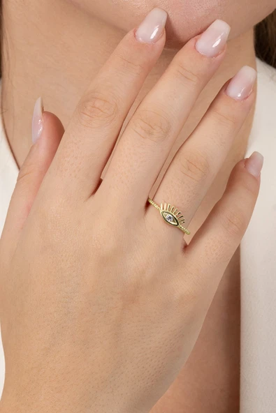 925 ayar gümüş yüzük Altın yaldızlı zirkon taşlı kirpikli göz modeli ayarlamalı yüzük SGTL13129GOLD ürün görseli