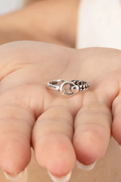 925 ayar gümüş yüzük oksitli ay ve zincir ayarlamalı yüzük SGTL13124SIYAH - Resim 4