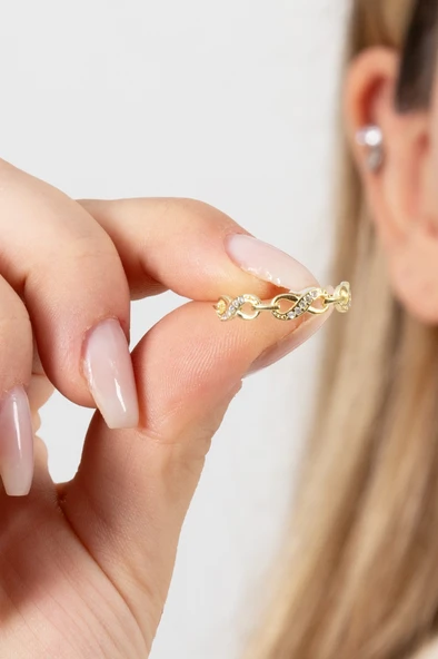 925 ayar gümüş yüzük altın yaldızlı zirkon taşlı sonsuzluk modeli ayarlamalı yüzük SGTL13131GOLD - Resim 5