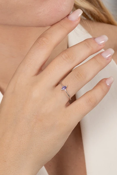 925 ayar gümüş yüzük rodyumlu markiz kesim mor taşlı ayarlamalı yüzük SGTL13127MOR - Resim 5