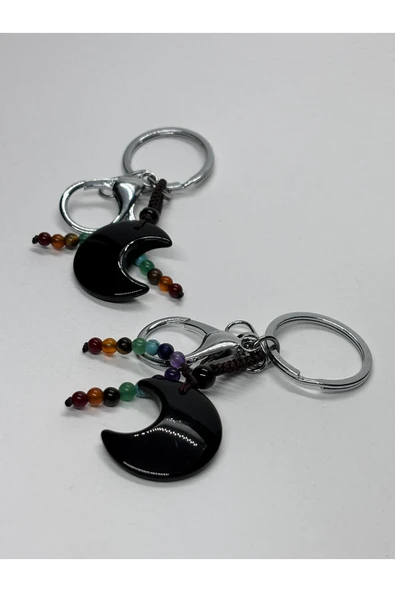 gemsartdeco OBSİDYEN DOĞALTAŞ GÜÇ ANAHTARLIĞI CHARM HİLAL - Resim 3