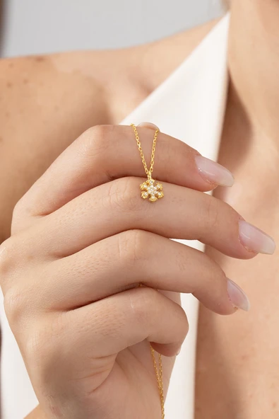 925 ayar gümüş kolye altın yaldızlı zirkon taşlı kar tanesi kolye SGTL13148GOLD ürün görseli 1