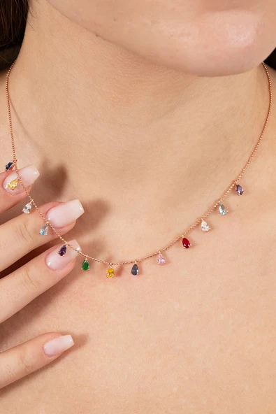 925 ayar gümüş kolye rose renkli zirkon taşlı top zincirli damlalı kolye  SGTL13146ROSE ürün görseli