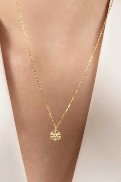 925 ayar gümüş kolye altın yaldızlı zirkon taşlı kar tanesi kolye SGTL13148GOLD - Resim 5