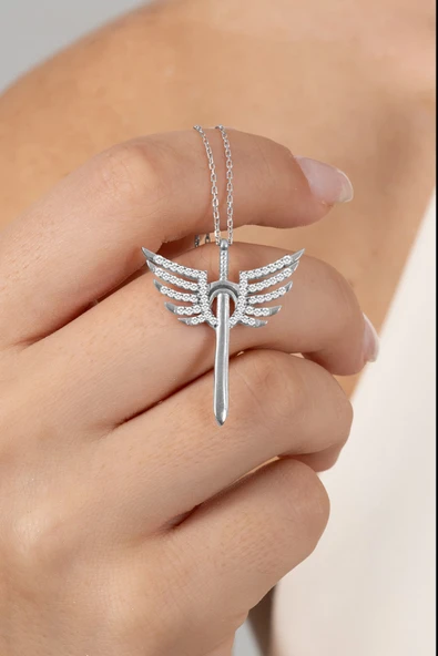925 ayar gümüş kolye rodyumlu zirkon taşlı kanatlı kılıç modeli kolye SGTL13143RODAJ ürün görseli