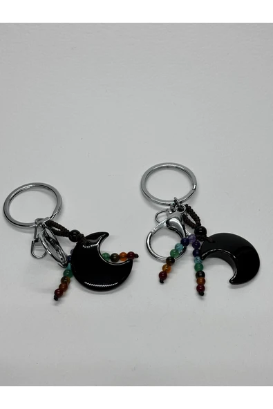 gemsartdeco OBSİDYEN DOĞALTAŞ GÜÇ ANAHTARLIĞI CHARM HİLAL - Resim 4