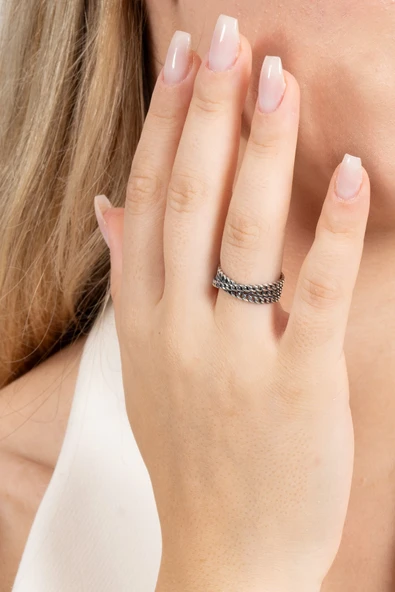 925 ayar gümüş yüzük oksitli üçlü sarmal zincir modeli ayarlamalı yüzük SGTL13121SIYAH - Resim 2