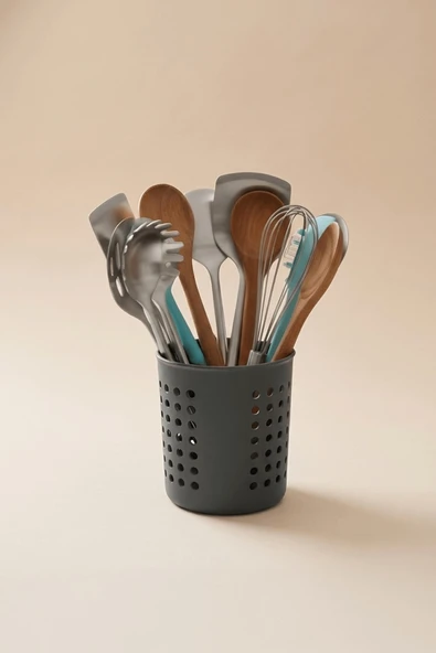 Antrasit - A+ Silindir Kaşıklık – Tezgah Üstü Servis Standı, Su Gider Delikli, Plastik Düzenleyici Organizer ürün görseli 1