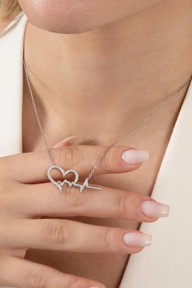 925 Ayar gümüş kolye rodyumlu zirkon taşlı kalbimin ritmi kolye SGTL13142RODAJ - Resim 2