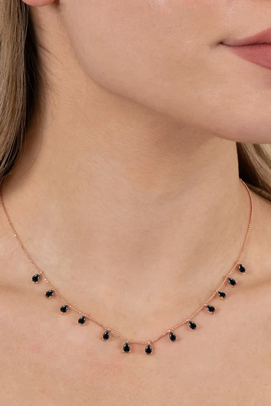 925 ayar gümüş kolye rose siyah taşlı top zincirli damlalı kolye  SGTL13146SIYAH ürün görseli