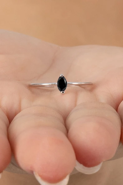 925 ayar gümüş yüzük rodyumlu markiz kesim siyah taşlı ayarlamalı yüzük SGTL13127SIYAH - Resim 3