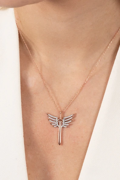 925 ayar gümüş kolye rose zirkon taşlı kanatlı kılıç modeli kolye SGTL13143BEYAZ - Resim 2