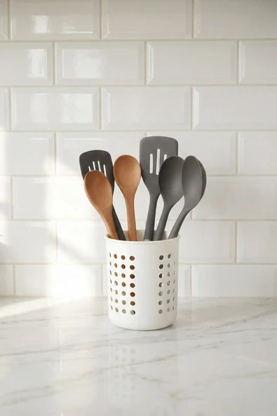 Beyaz - A+ Silindir Kaşıklık – Tezgah Üstü Servis Standı, Su Gider Delikli, Plastik Düzenleyici Organizer - Resim 5