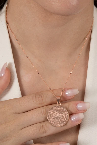 925 ayar gümüş kolye rose top top zincirli Hz. Süleyman mührü kolye SGTL13136ROSE - Resim 3