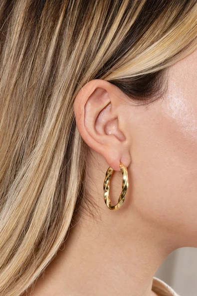 925 ayar gümüş küpe altın yaldızlı 33 mm burgu oval şekilli şarnel halka küpe SGTL13152GOLD - Resim 4