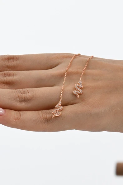 Gümüş rose zirkon taşlı yılan figürlü zincir küpe SGTL13034ROSE - Resim 3