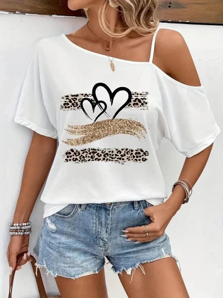 MDB Kadın Tek Omuzu Açık Ip Askılı Baskılı Viskon Bluz - Resim 2