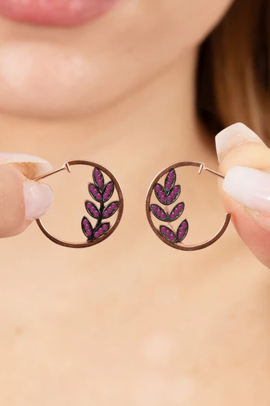 925 ayar gümüş küpe rose fuşya taşlı yaprak modeli halka küpe. SGTL13166FUSYA ürün görseli