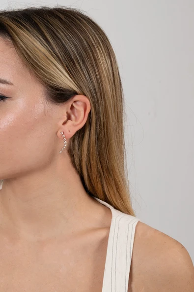 925 ayar gümüş küpe rose zirkon sıra taşlı özel tasarım küpe SGTL13168ROSE - Resim 4