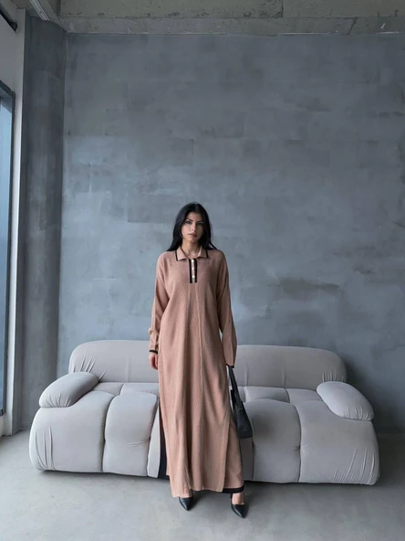 Pantolon yırtmaçlı elbise ikili triko takım vizon elf ürün görseli