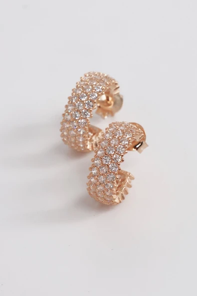 925 ayar gümüş küpe rose zirkon taşlı 3 sıra tamtur halka küpe SGTL13163ROSE - Resim 4