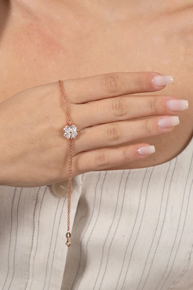 925 ayar gümüş bileklik rose zirkon taşlı çift zincirli yonca bileklik SGTL13174BEYAZ - Resim 4